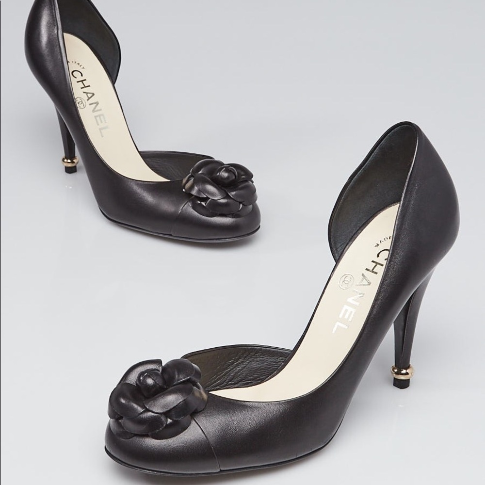 Chanel Black Leather Camellia Half-d'Orsay Pumps